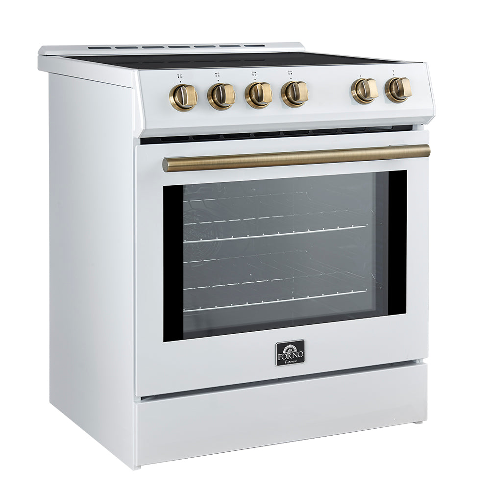 White induction range with closed oven door, brass handle bar, and brass-trim control knobs