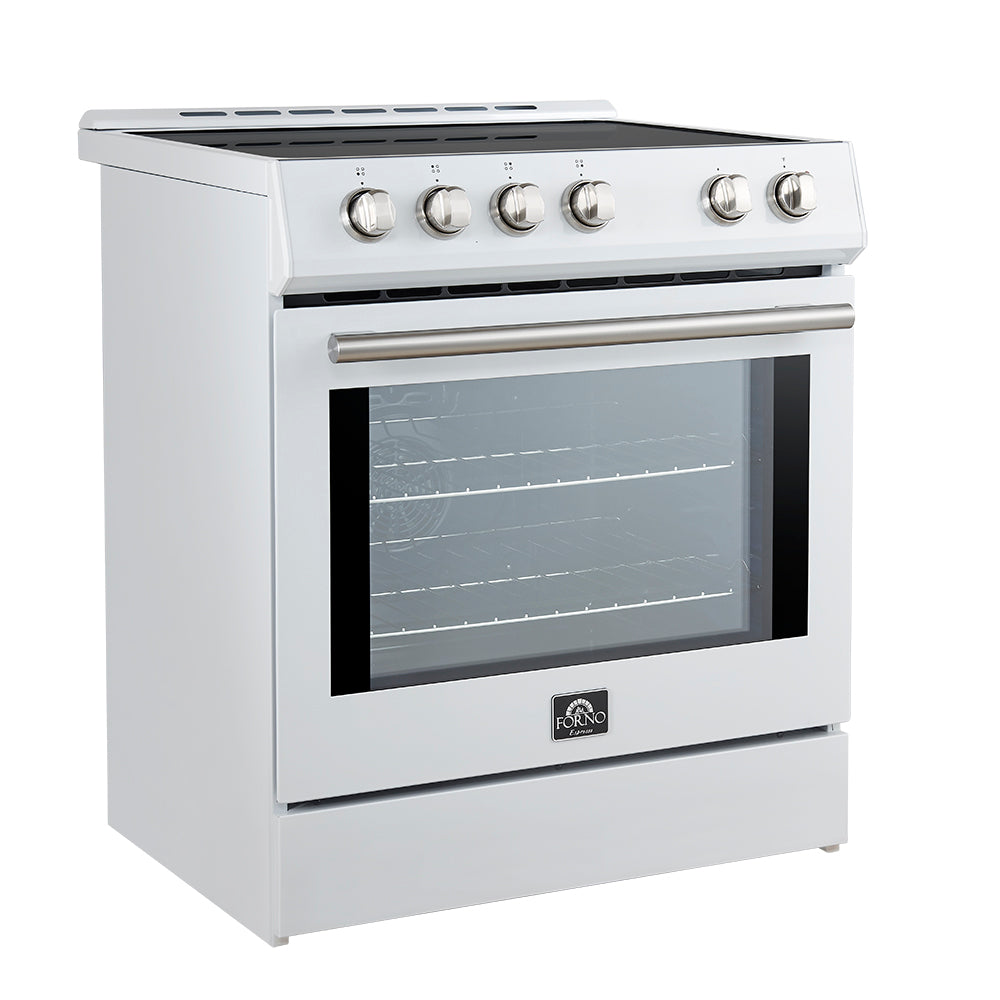 White induction range with stainless trim, control knobs, and glass oven door