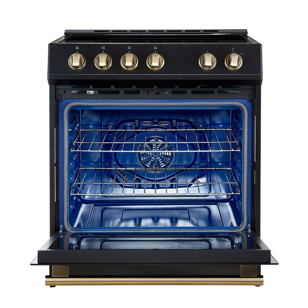 Black induction range with open oven door, blue interior, and wire cooking racks.
