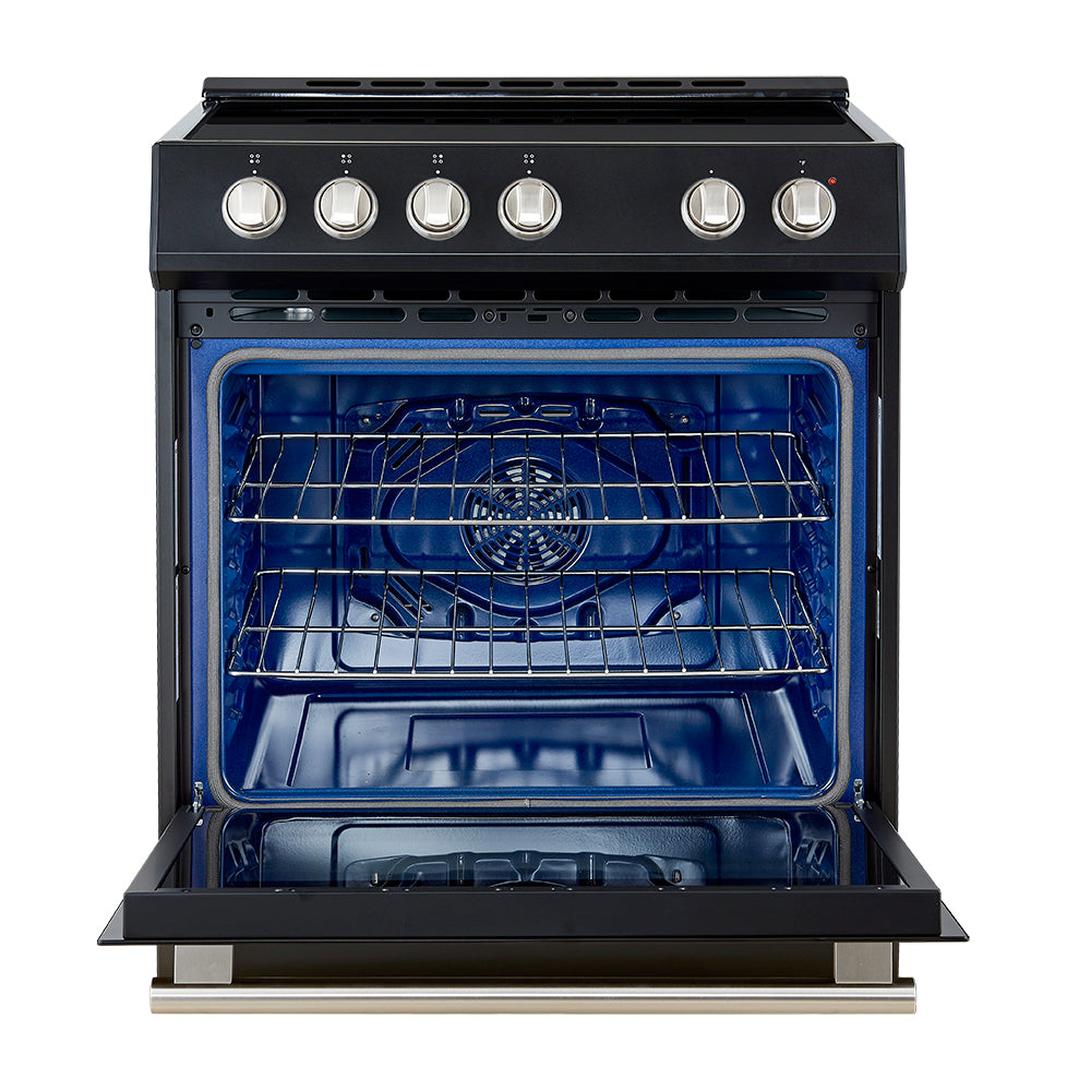 Black induction range with open oven door showing blue interior rack