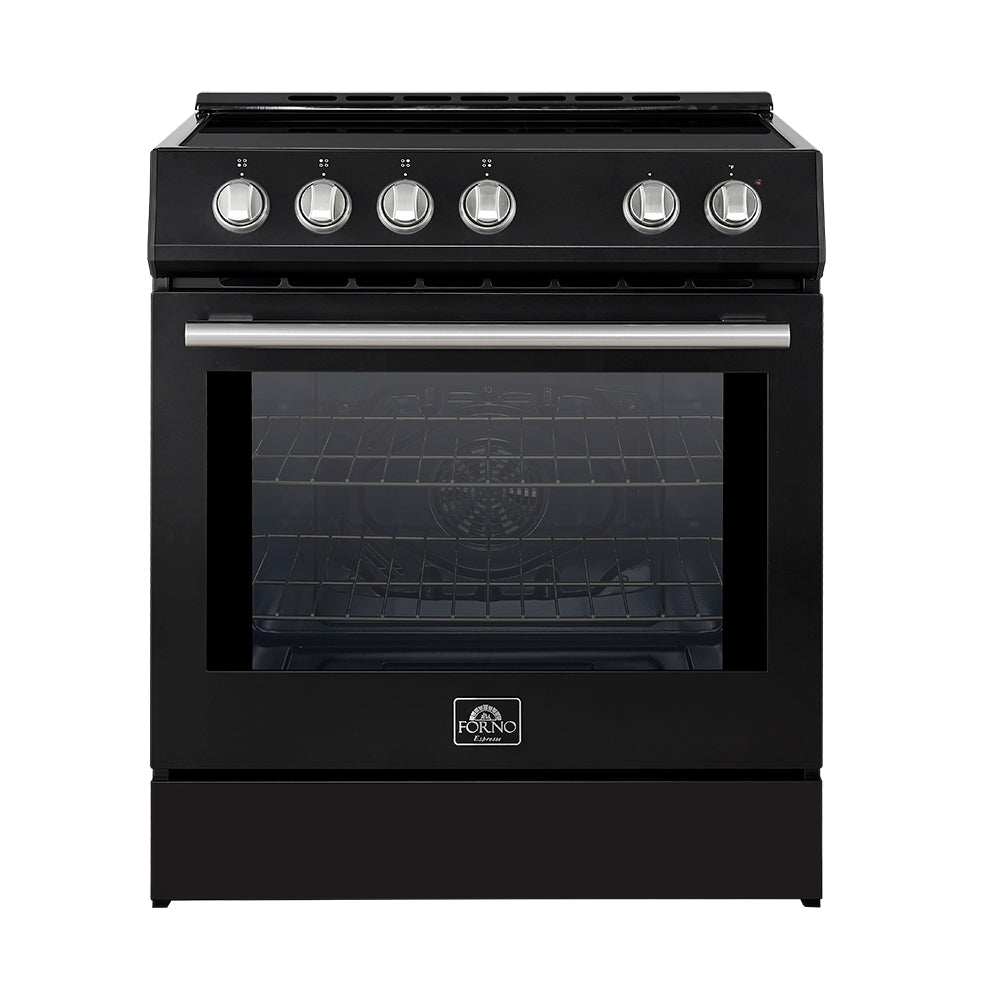 Black induction range with glass window oven door and stainless control knobs