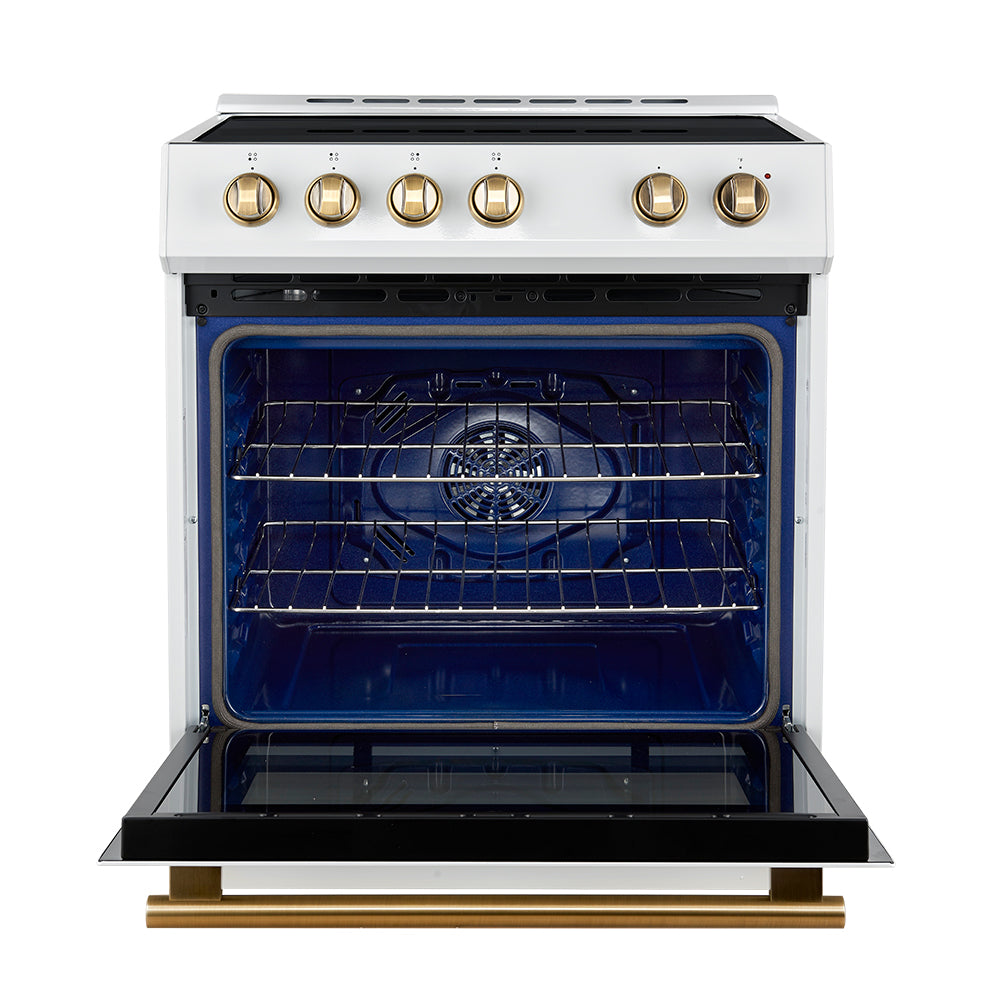 White induction range oven open with blue interior racks and brass handle