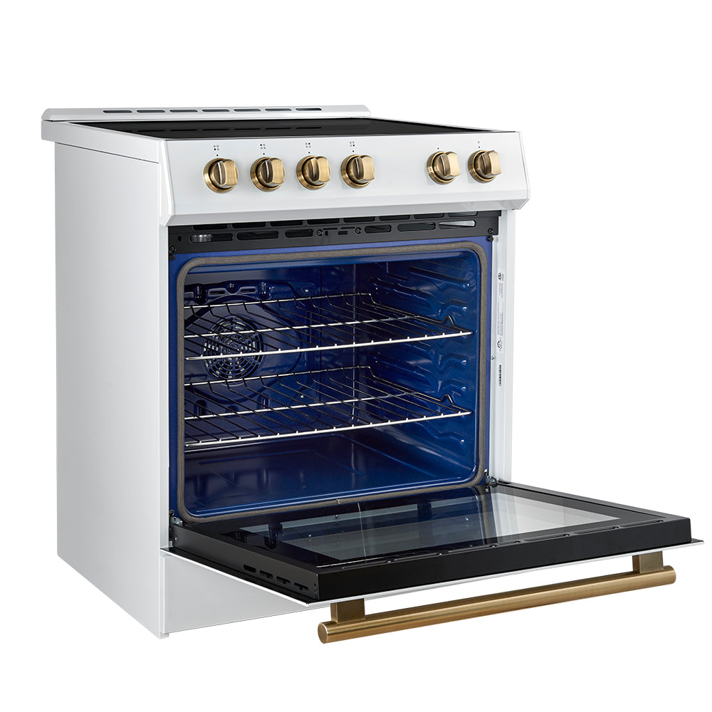 White induction range oven open with blue interior and brass oven handle