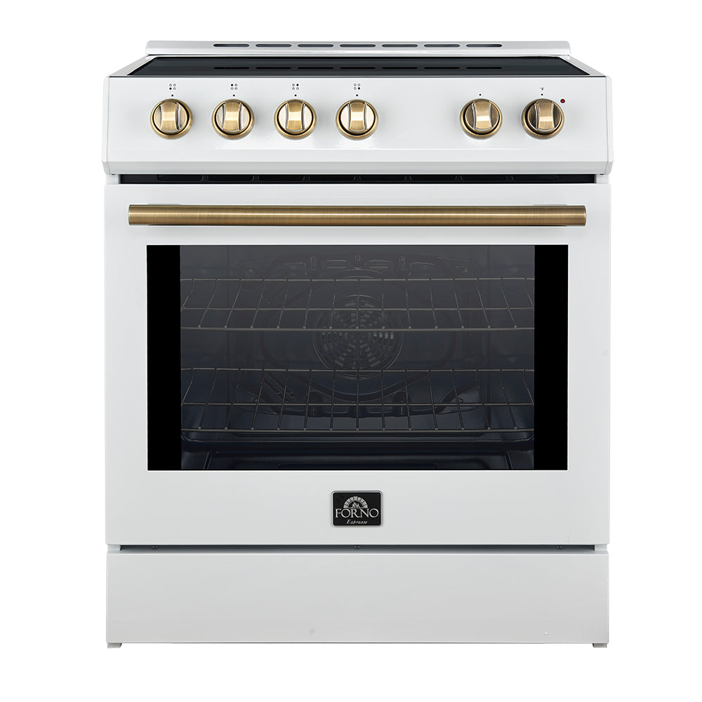 White induction range with closed oven door, brass handle, and brass-trim control knobs