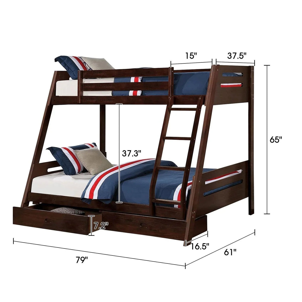 Dark wood twin bunk bed with angled ladder, guard rails, and two underbed drawers