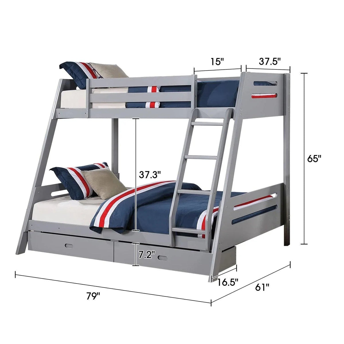 Gray twin bunk bed with angled ladder, guard rails, and two underbed drawers; blue bedding