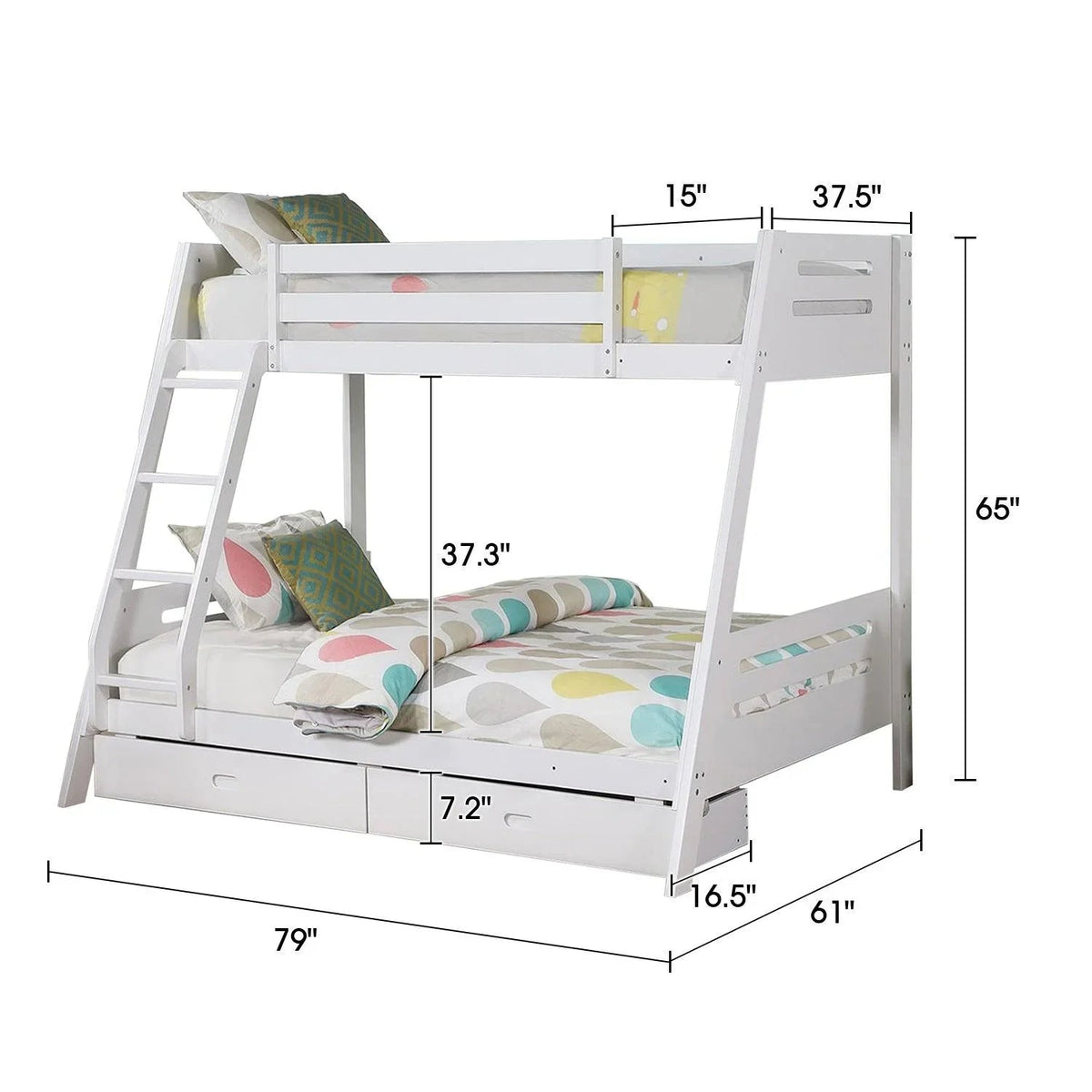 White twin bunk bed with angled ladder, guard rails, and two underbed drawers; colorful bedding
