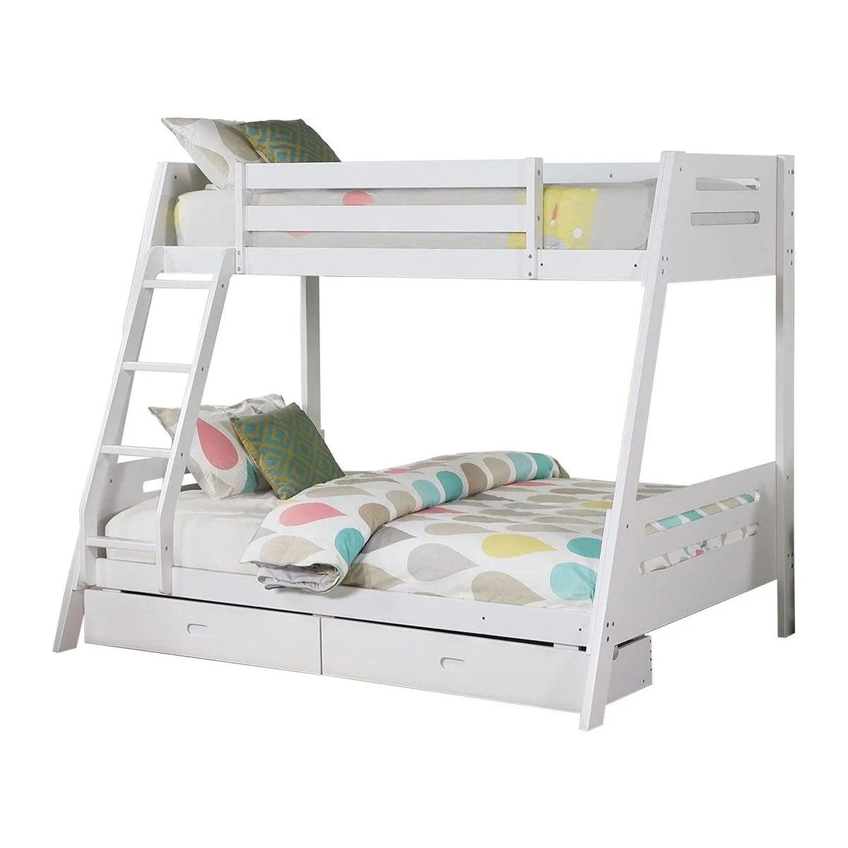 White twin bunk bed with guard rails, angled ladder, and two underbed drawers; patterned blanket
