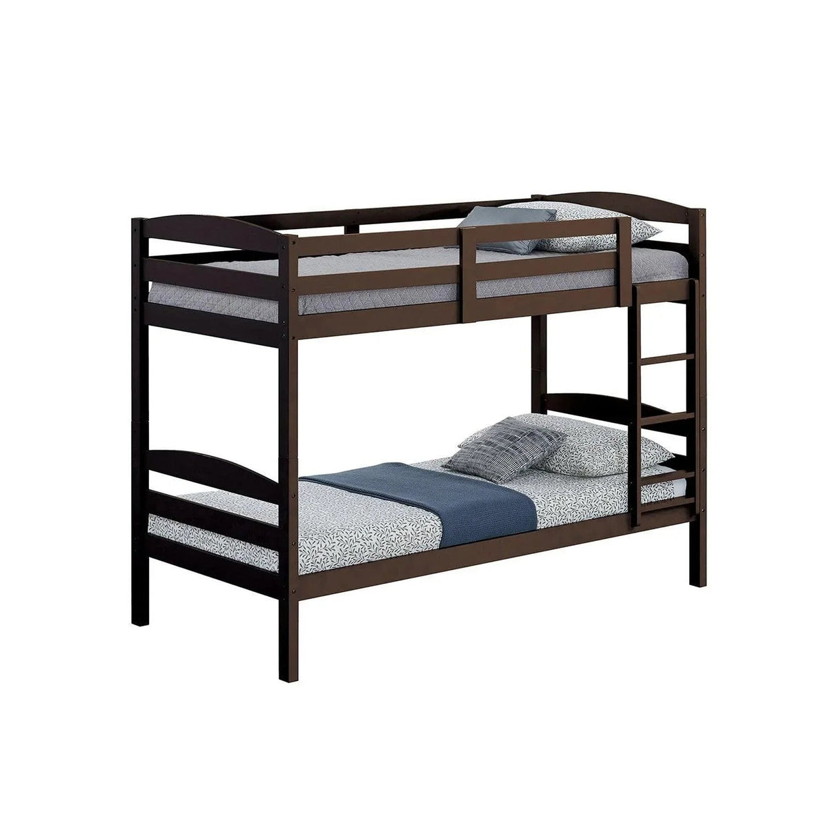 Dark brown twin-over-twin bunk bed with ladder and stacked guard rails