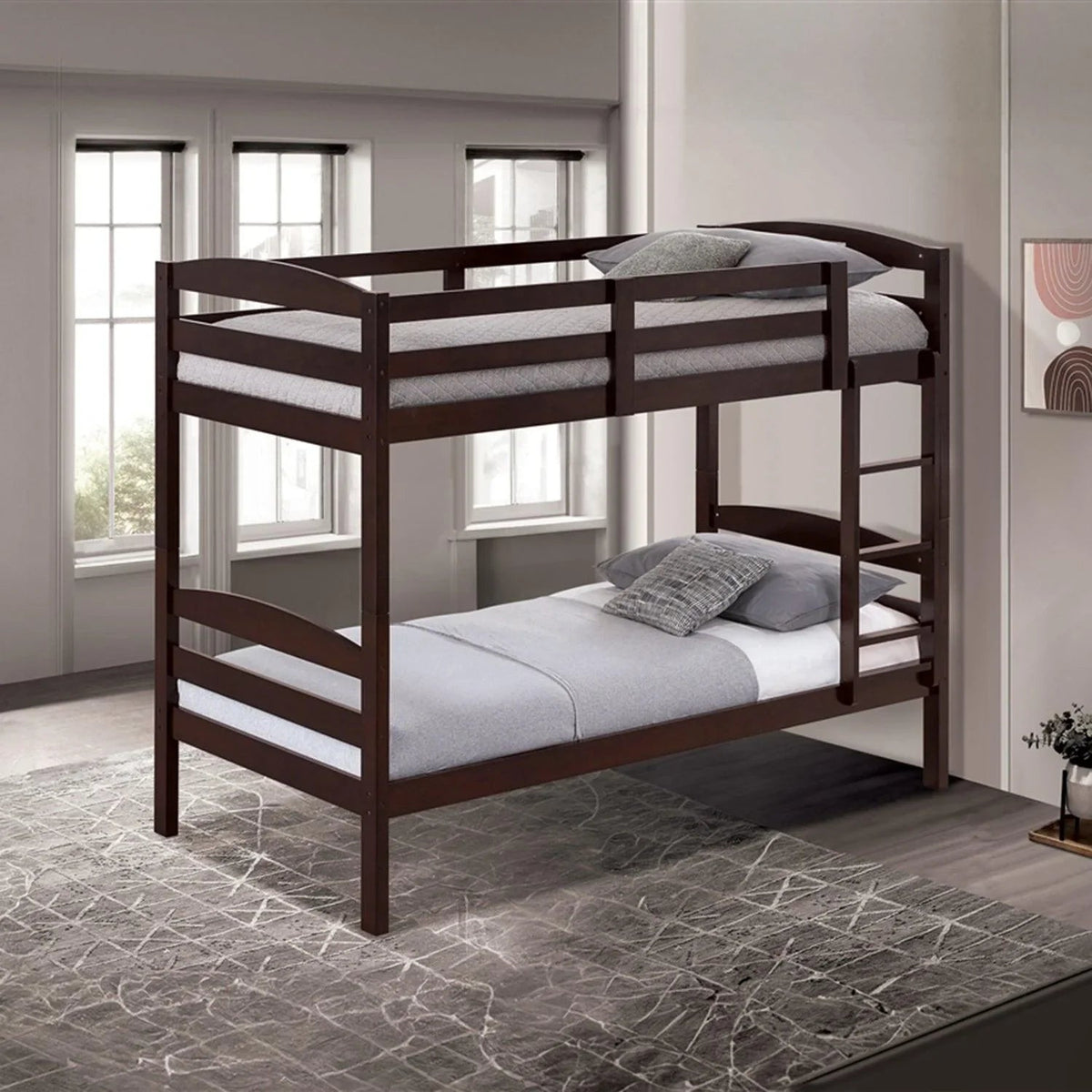 Dark brown twin bunk bed with guard rails and ladder, two mattresses
