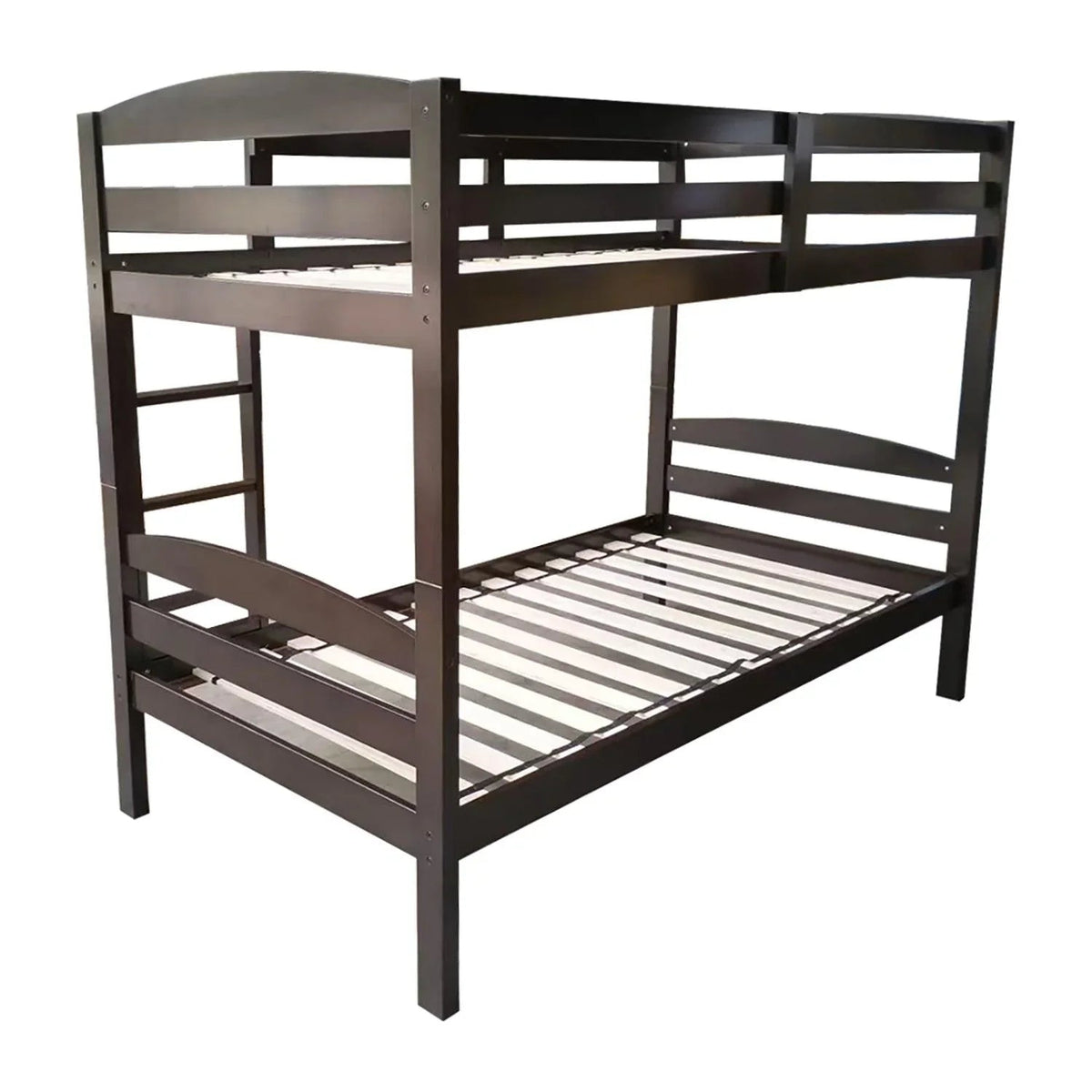 Dark brown twin over twin bunk bed with ladder and slatted mattress base