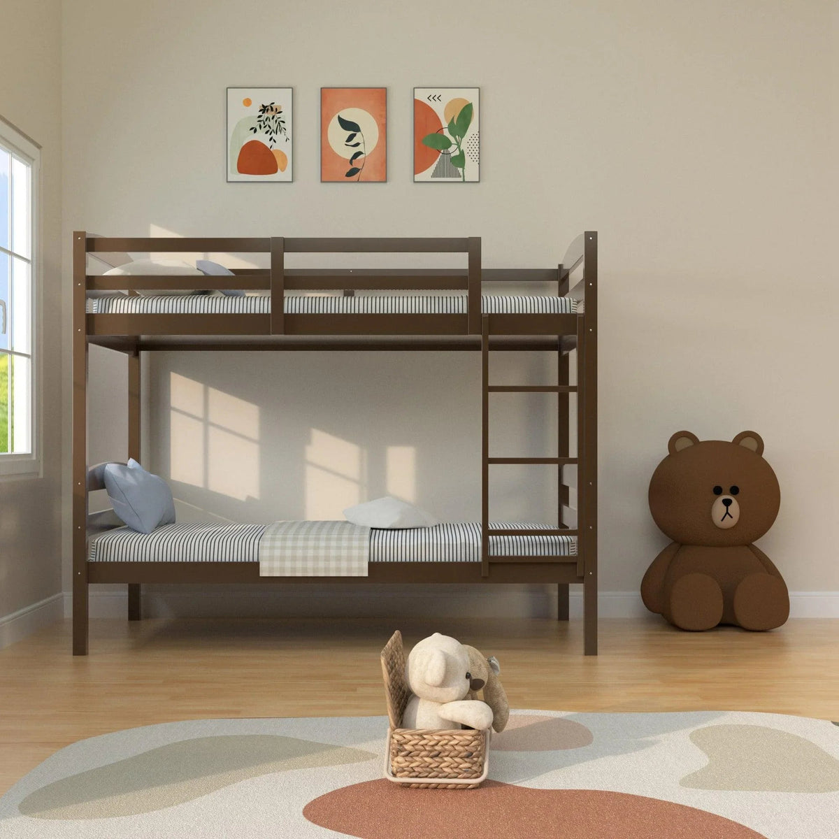 Dark brown twin over twin bunk bed with ladder and guard rails, kid-safe side rails