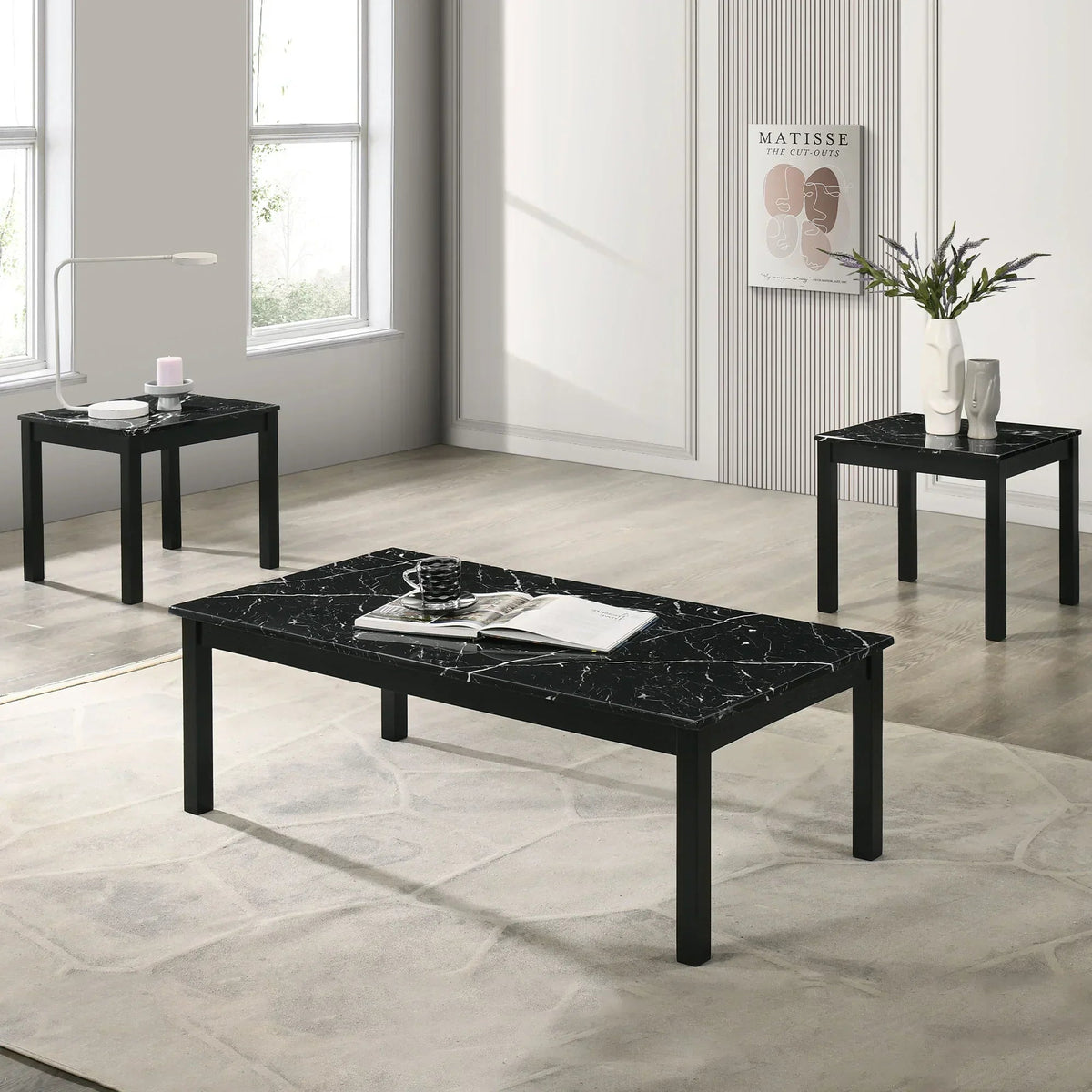 3-piece coffee table set with black faux marble center table and two matching side tables.
