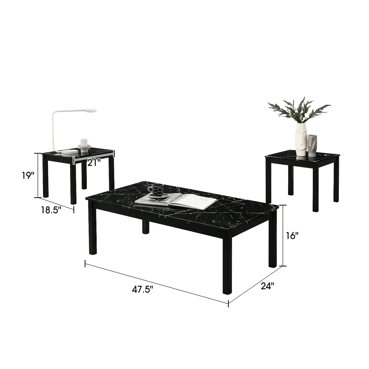 3-piece rectangular coffee table set with black faux marble top and solid wood legs.