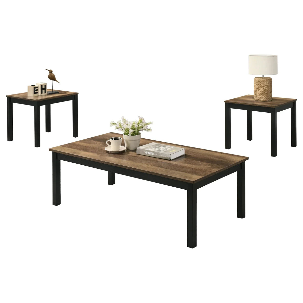 3-piece rectangular coffee table set with warm wood-look top and solid wood black legs.