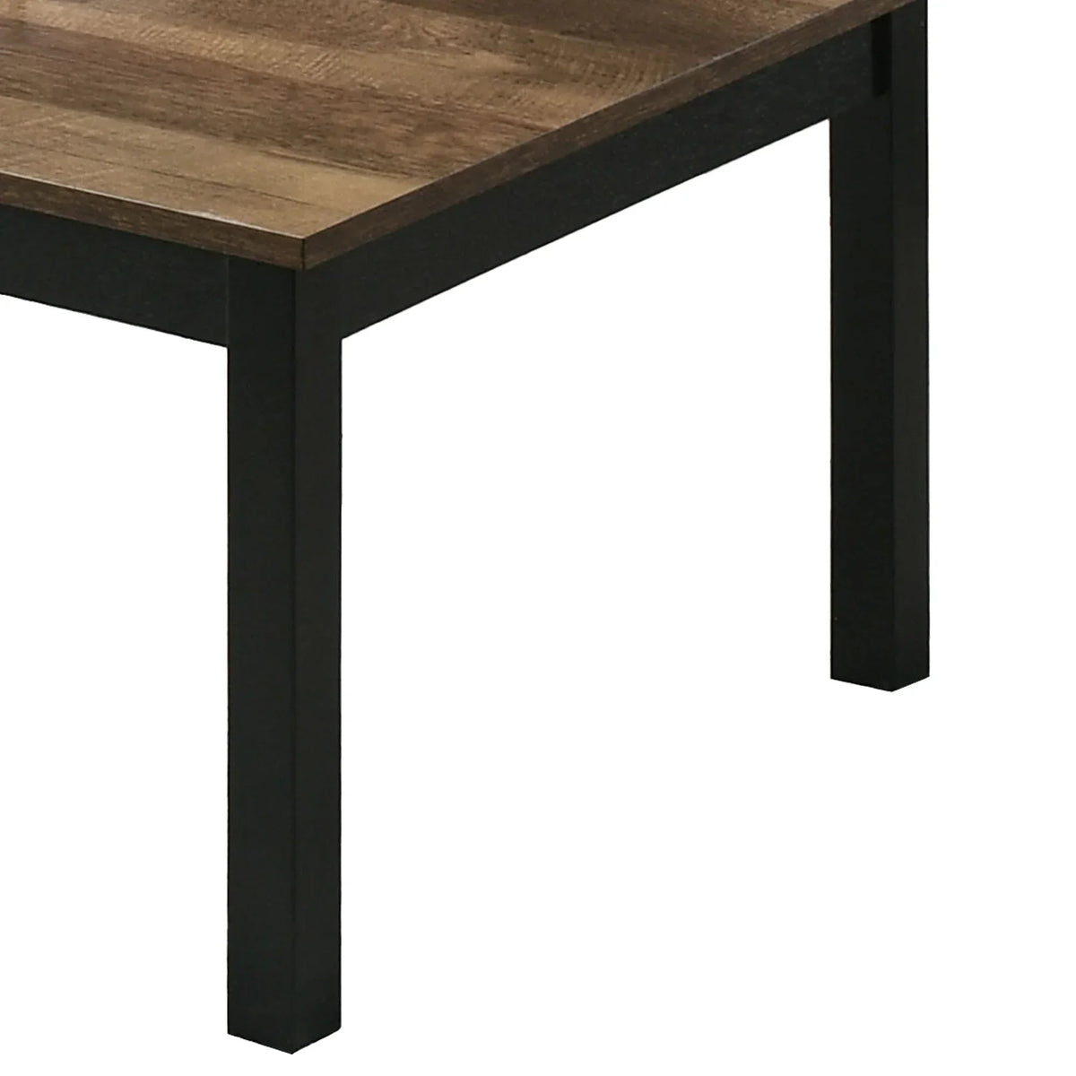Rectangular coffee table with warm wood-look top and black solid-wood legs.