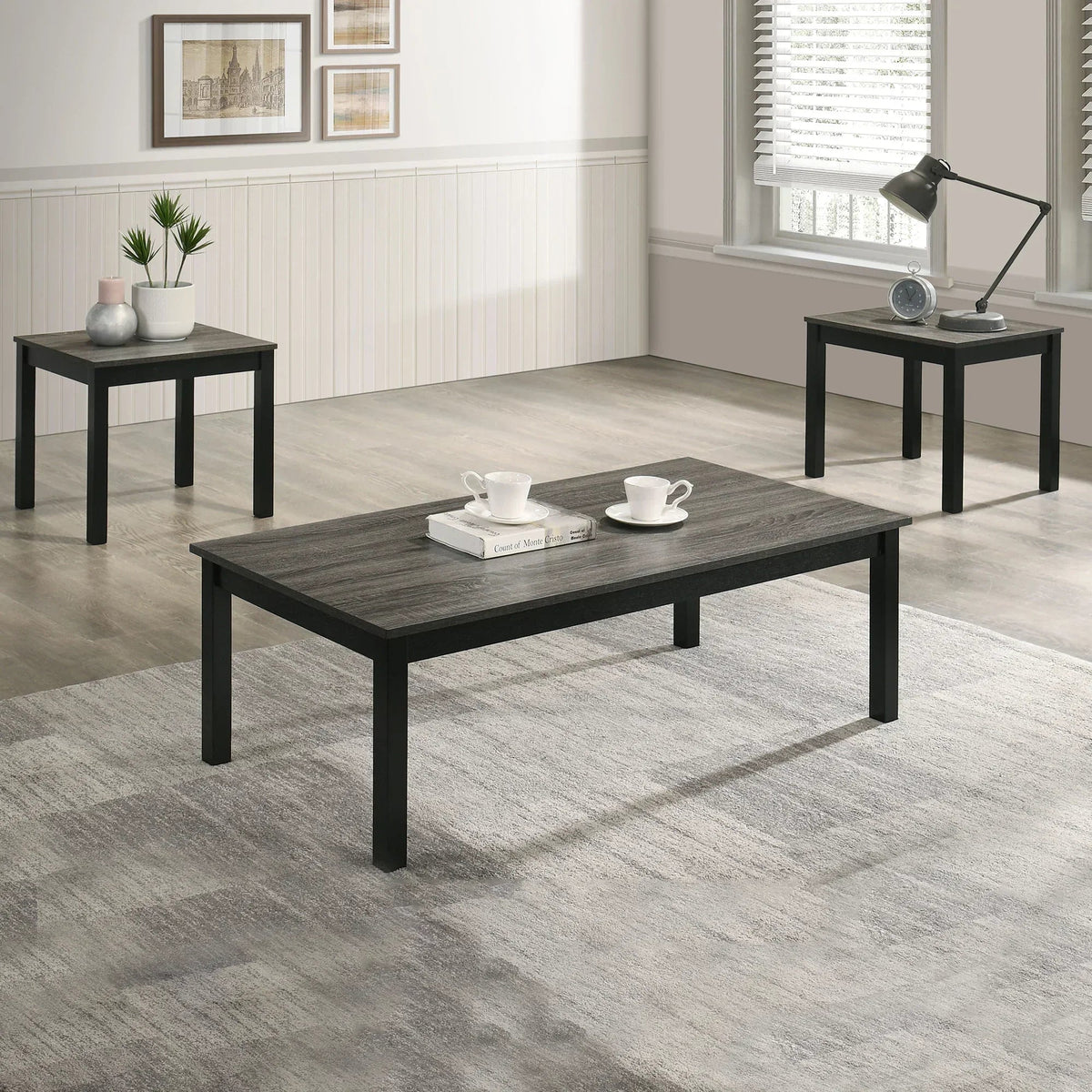 Faux marble coffee table set with gray rectangle top and black solid wood legs