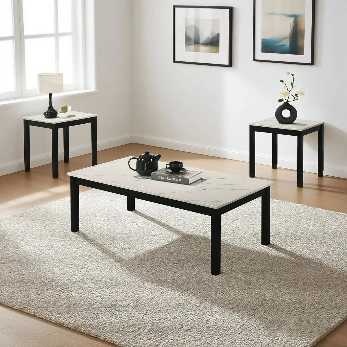 Faux marble coffee table set with dark gray rectangle top and black solid wood legs