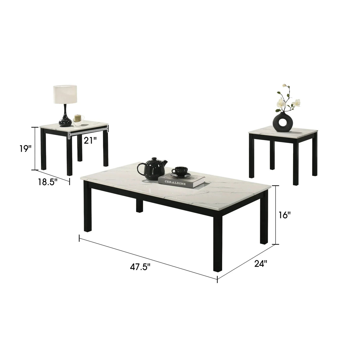 Faux marble rectangular coffee table set with black legs, three-piece layout and sizes