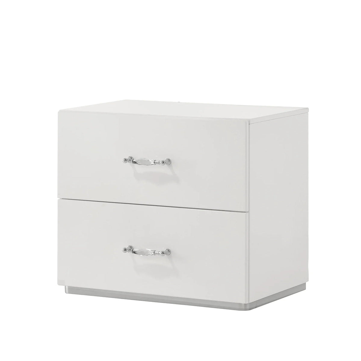 White nightstand with two drawers, chrome bar pulls, and squared modern silhouette.