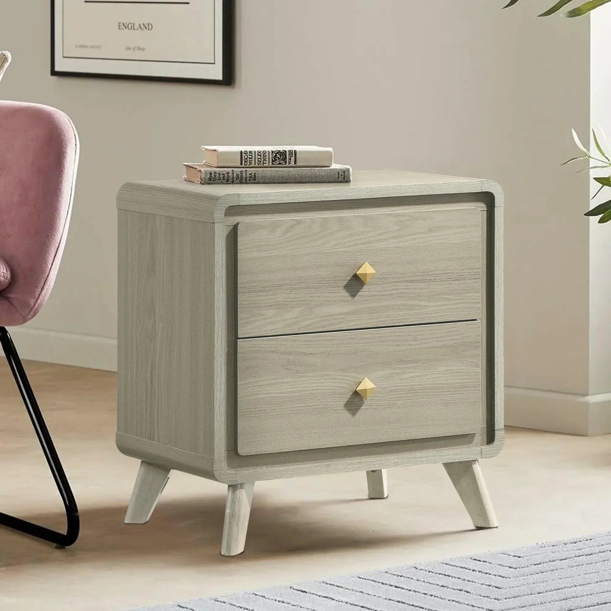 Gray wood nightstand with 2 drawers, gold diamond pulls, and angled tapered legs