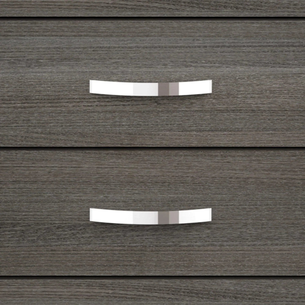 Grey 5-drawer chest dresser with two white pull handles and drawer fronts