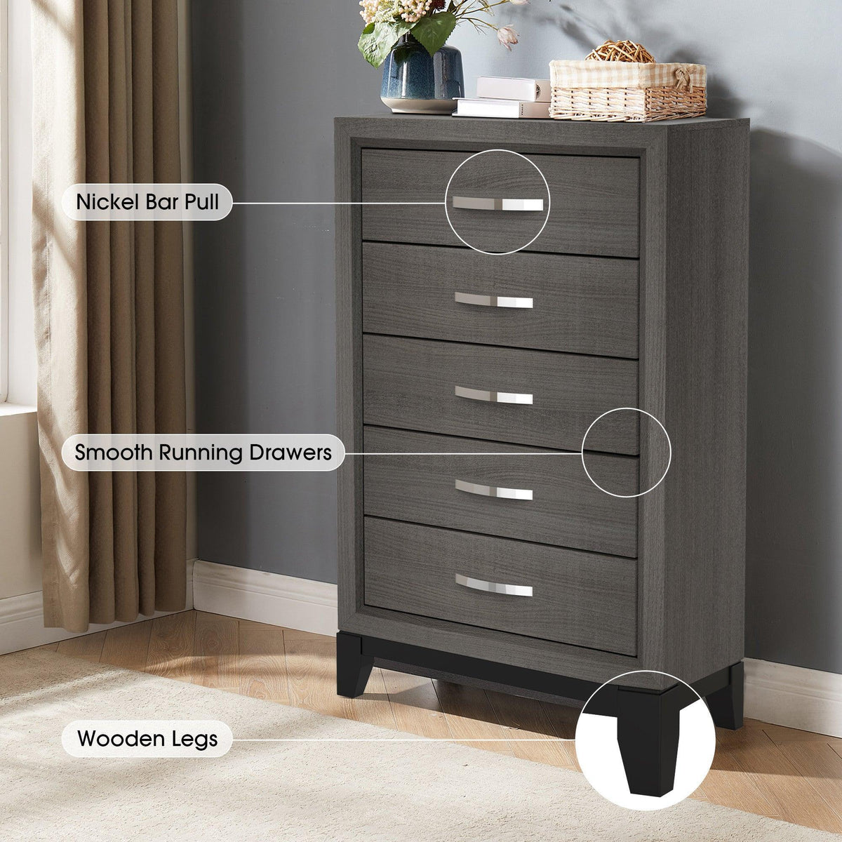 Grey 5-drawer chest with smooth bar pulls and dark wooden legs