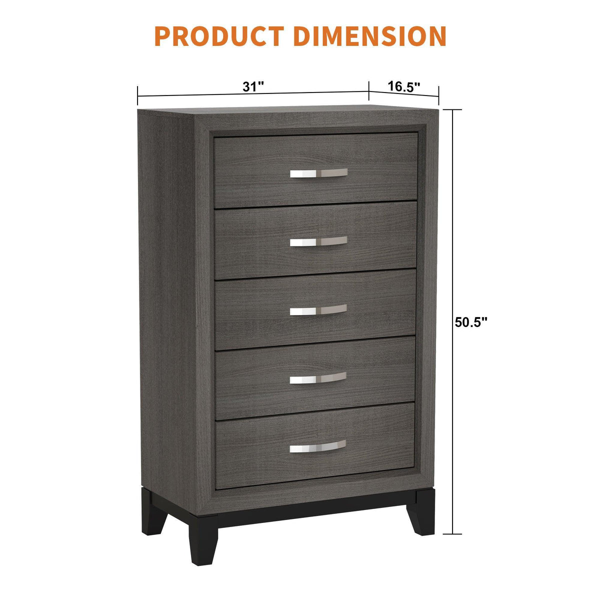 Grey 5-drawer chest with silver bar pulls, shown with size measurement diagram.