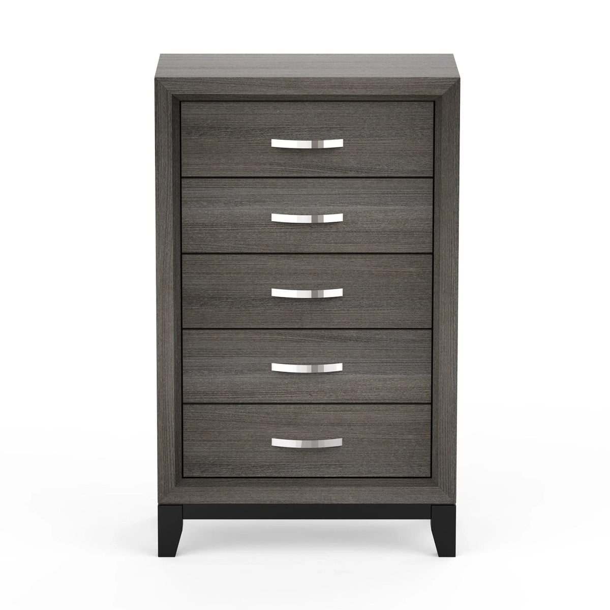 Dark grey 5-drawer chest with metal bar pulls and tapered wooden legs