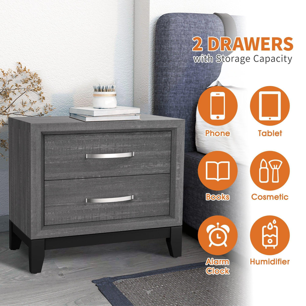 Modern wood nightstand with two drawers, gray finish, and metal bar handles