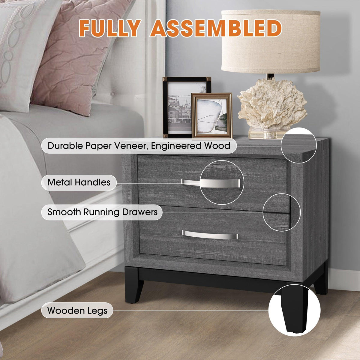 Dark gray modern nightstand with two drawers, metal handles, and wooden legs