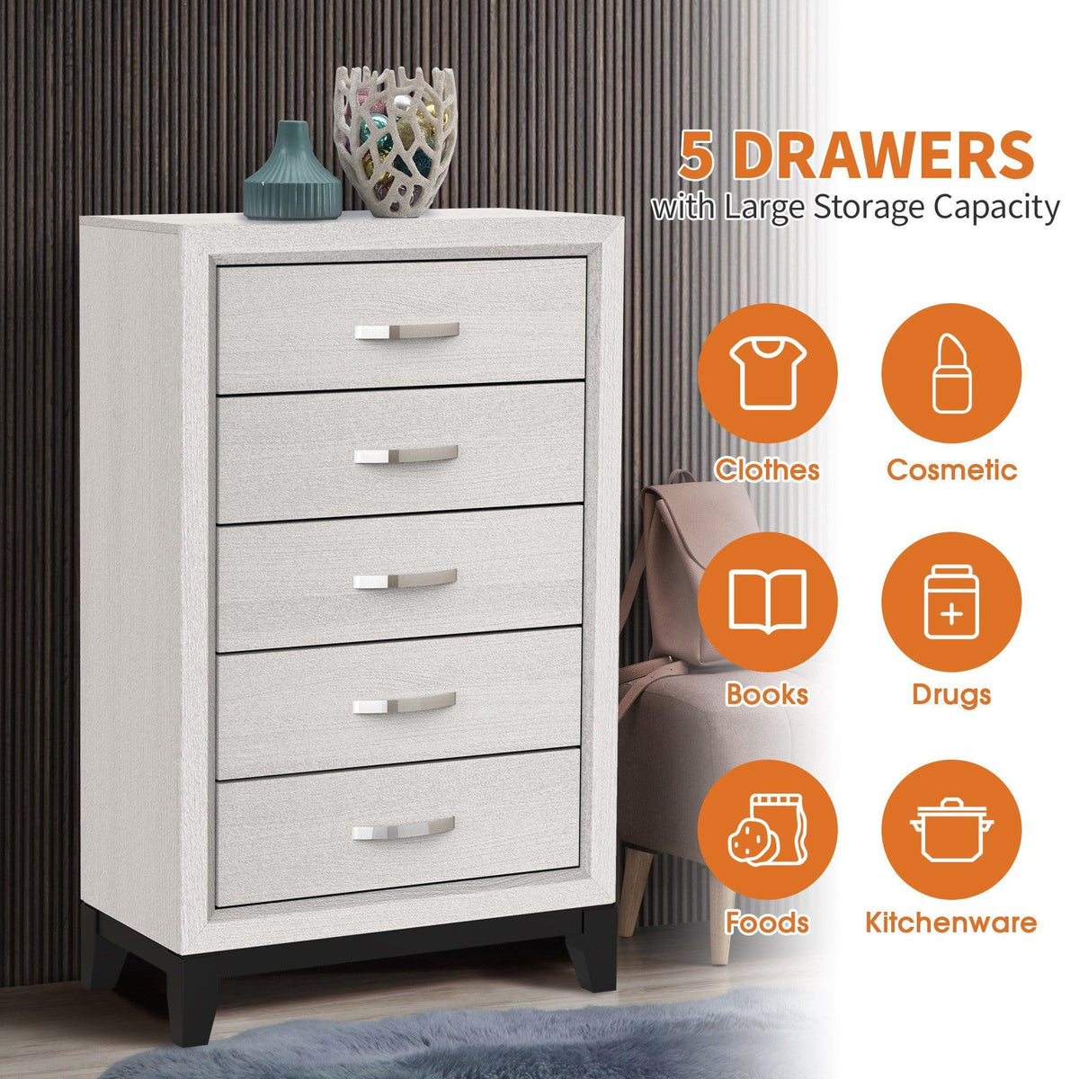 Grey 5-drawer chest with metal bar pulls and dark wooden legs
