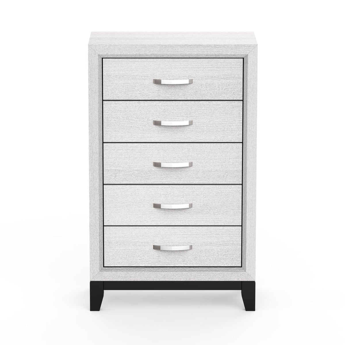 White 5-drawer chest with five silver bar pulls and dark trim around frame.