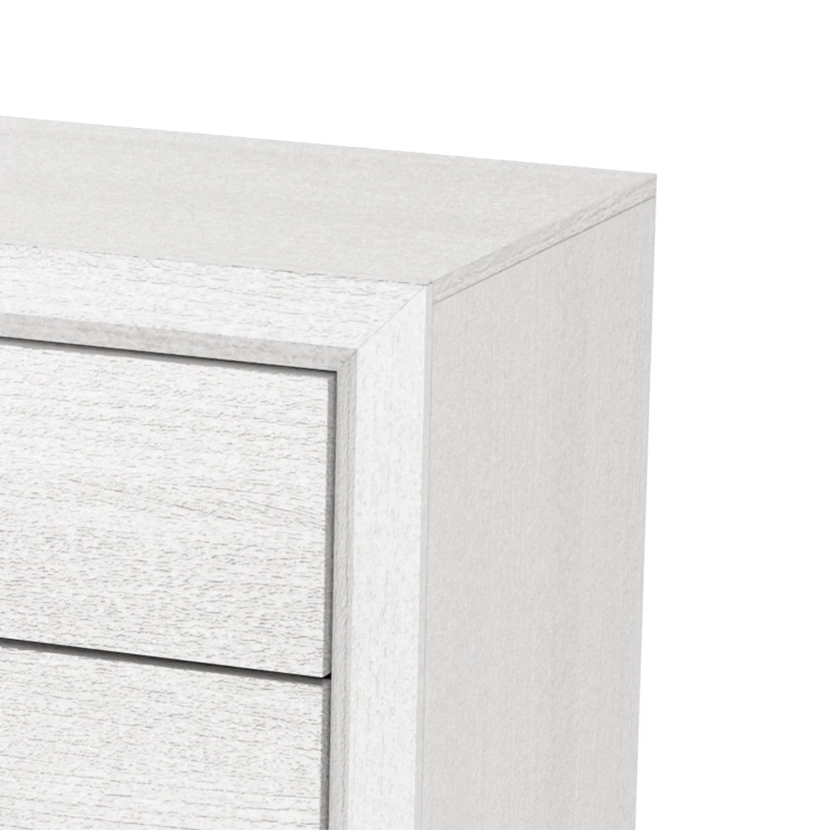White 5-drawer chest side panel with black base trim and top edge.