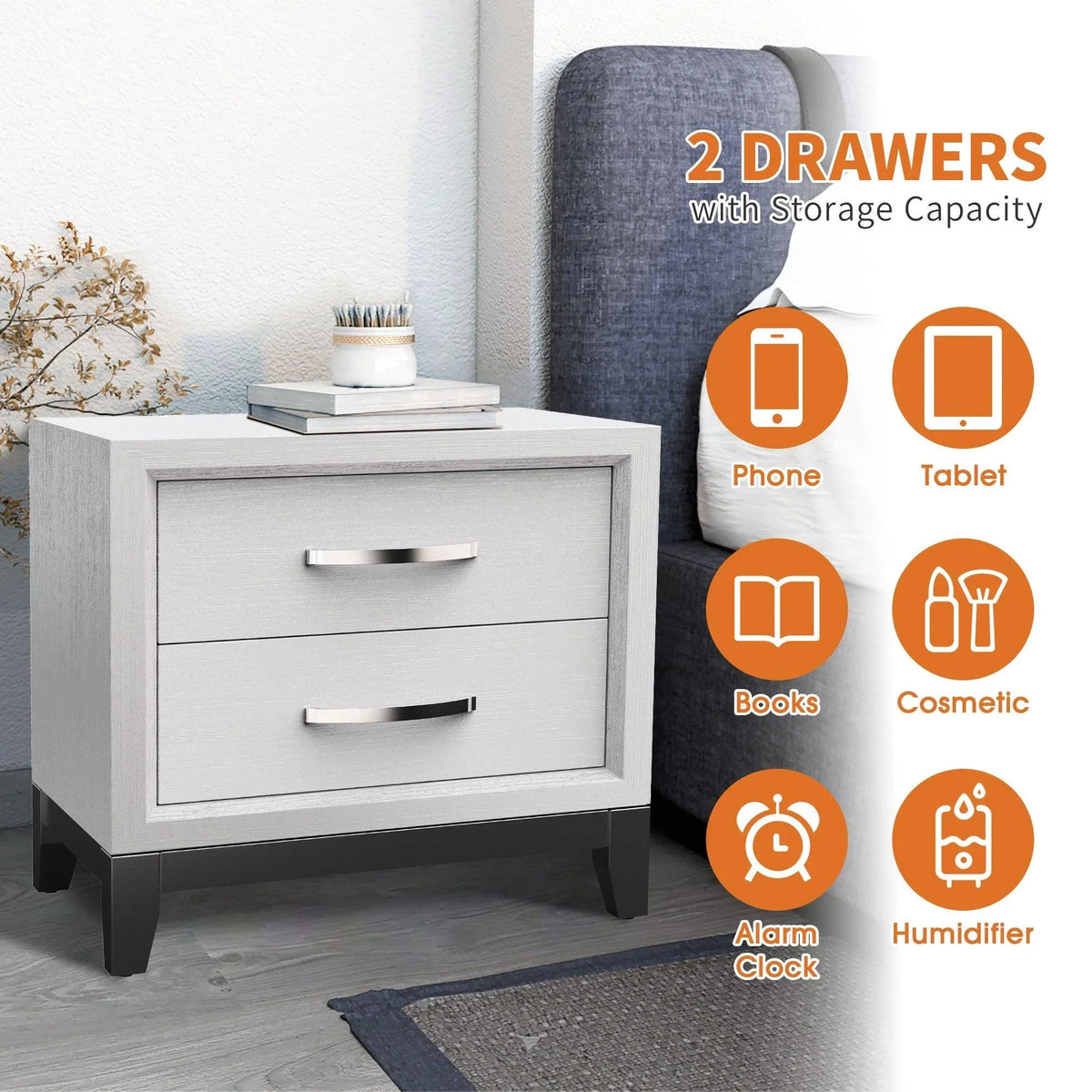 White modern wood nightstand with two drawers and brushed metal bar handles