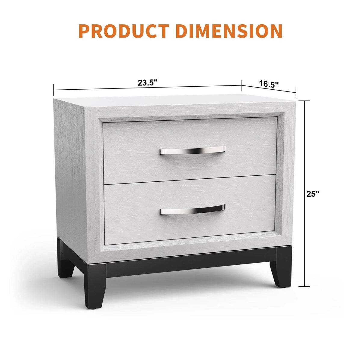 Light gray modern nightstand with two drawers, metal bar handles, and black legs