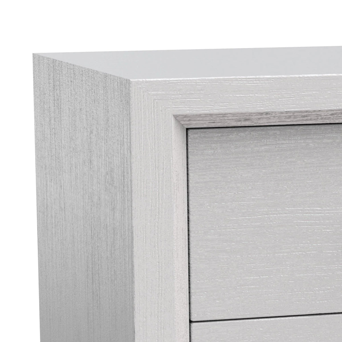 Gray wood nightstand corner detail with two-drawer front and recessed metal handles
