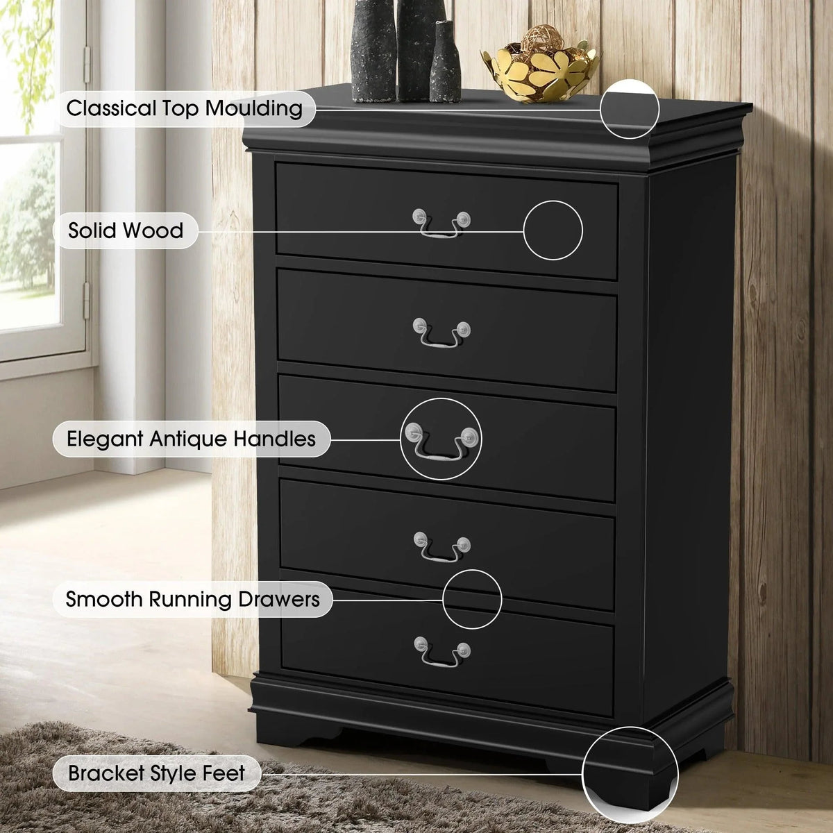 Black 5-drawer chest of drawers with bracket feet and antique-style drawer pulls