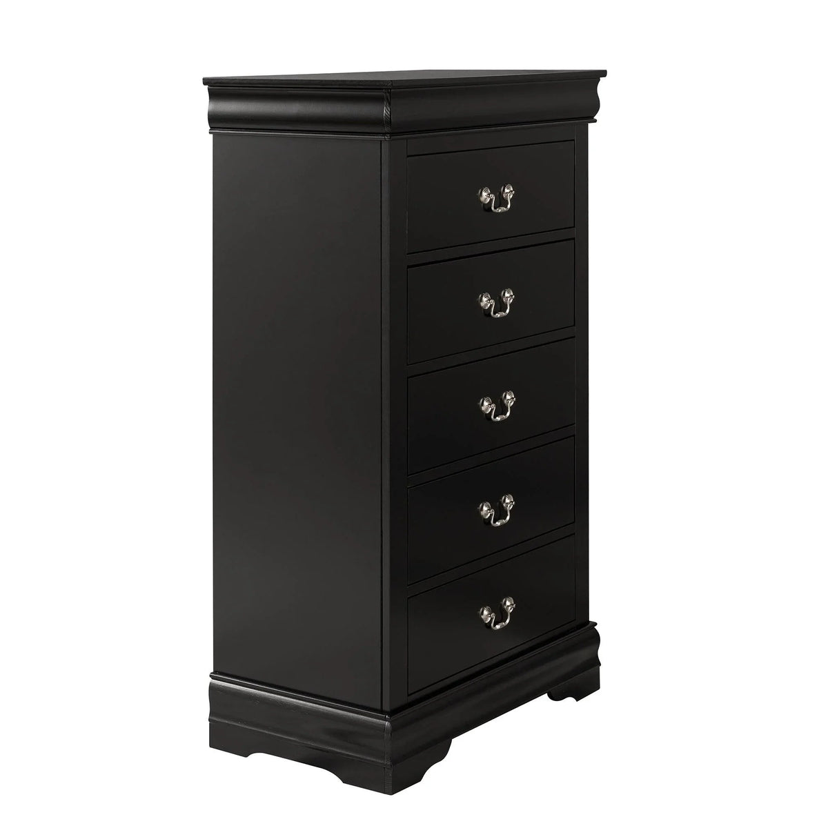 Black chest of drawers with five drawers and curved metal pulls, side view.