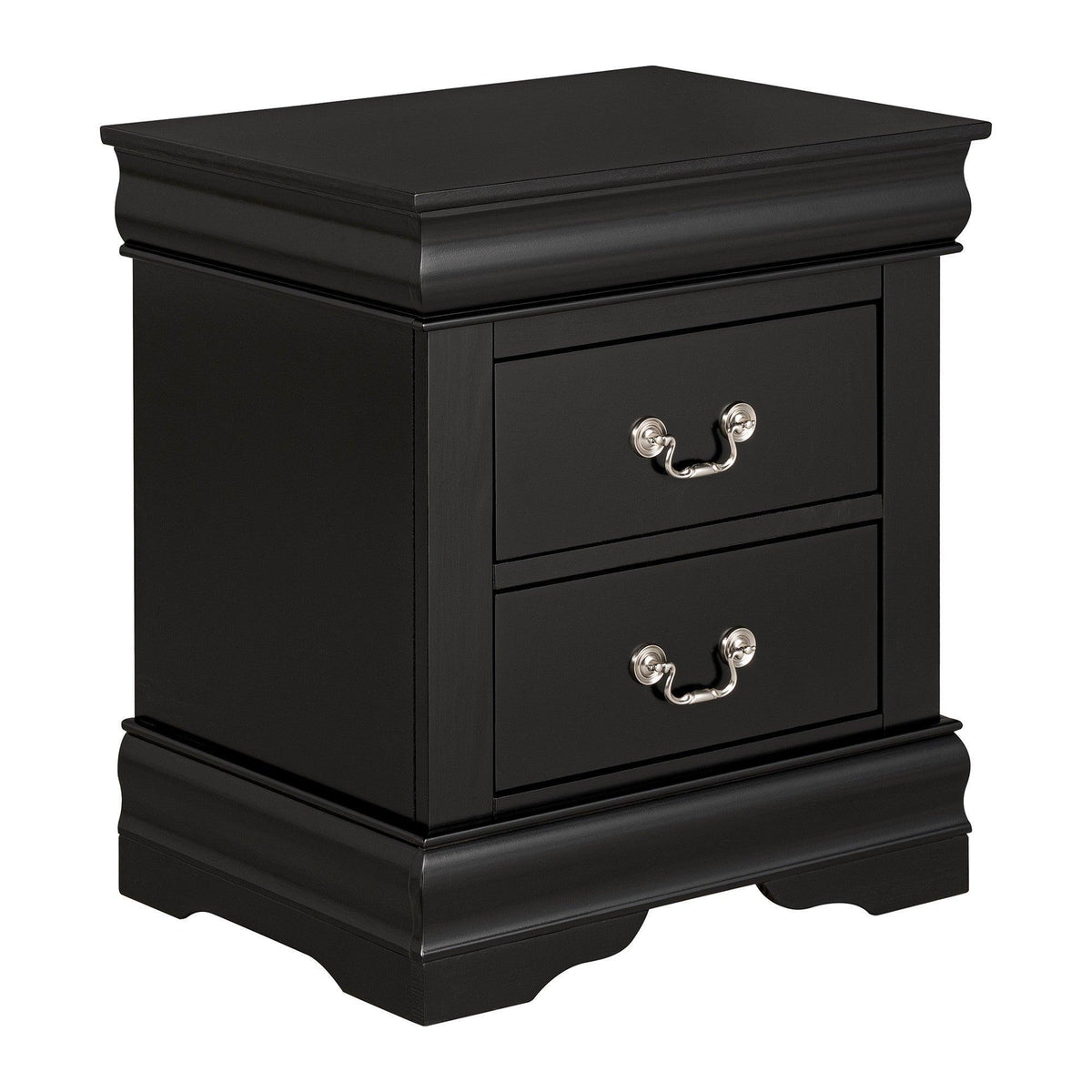 Black nightstand with two drawers, ornate metal pull handles, and a scalloped base