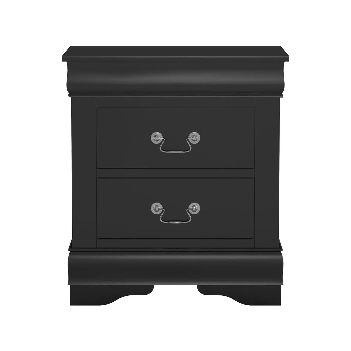 Black night stand with two drawers and decorative metal drawer pulls