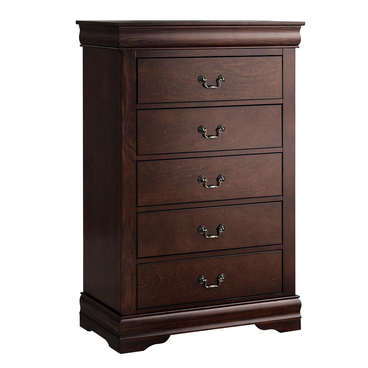 Brown chest of drawers with four drawer fronts and curved metal pulls, front view.