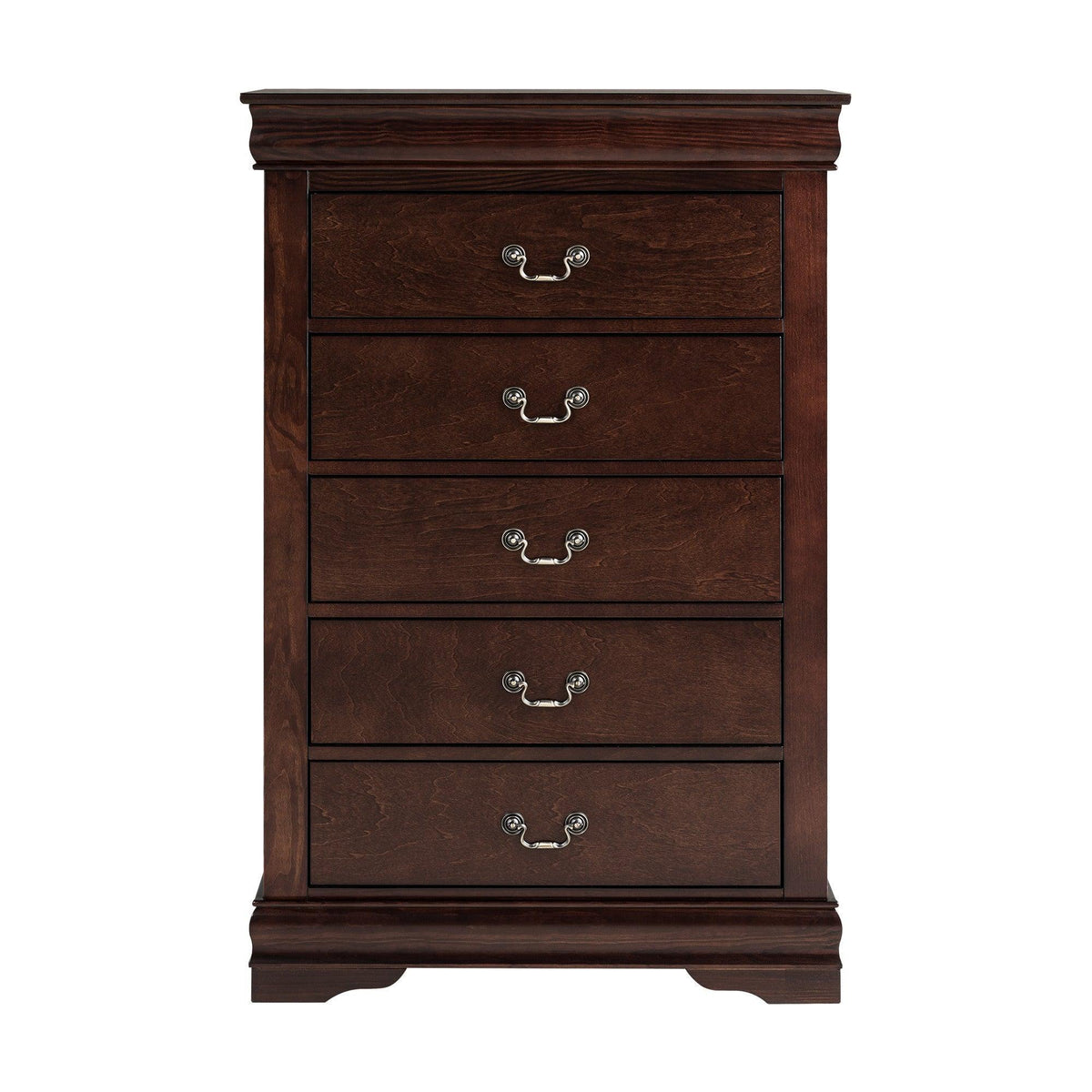 Brown 5-drawer chest of drawers with decorative metal drawer pulls and classic molding