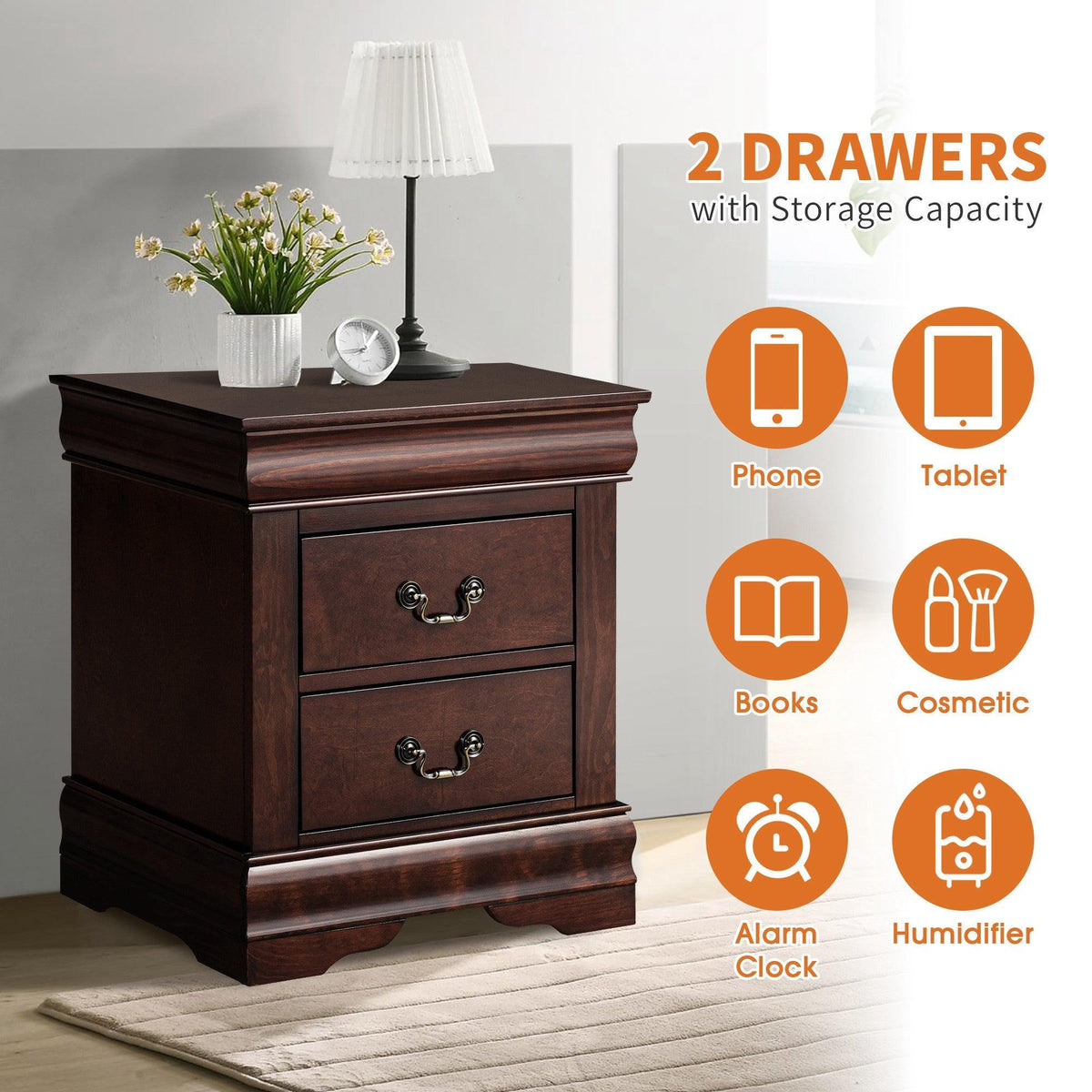 Dark brown nightstand with two drawers and metal cup pulls on tapered feet
