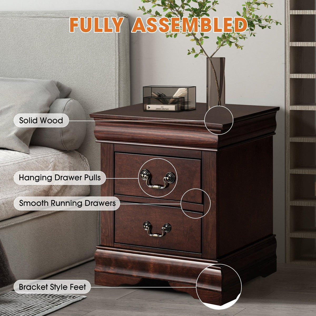 Dark brown nightstand with metal drawer pulls and bracket-style feet