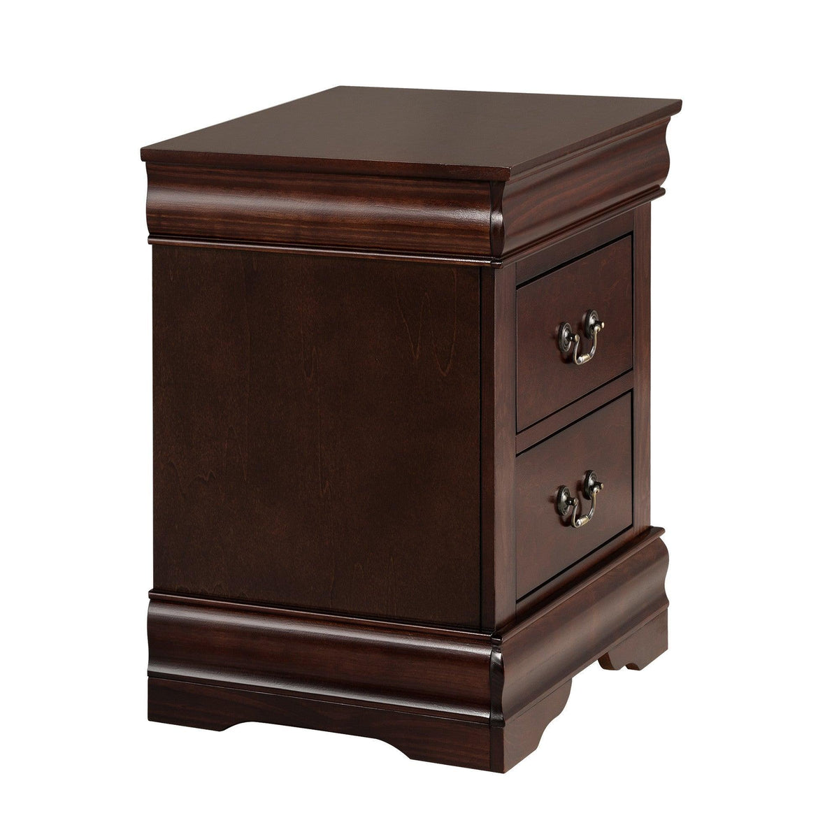 Dark brown two-drawer night stand with metal handles and classic raised panel sides.