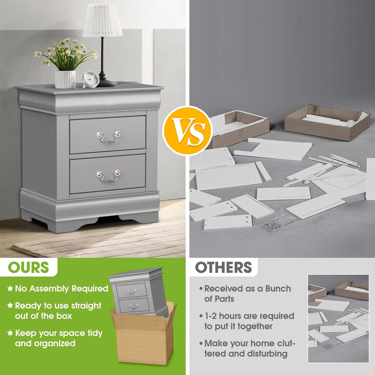 White two-drawer night stand with curved metal pulls and decorative bracket feet.