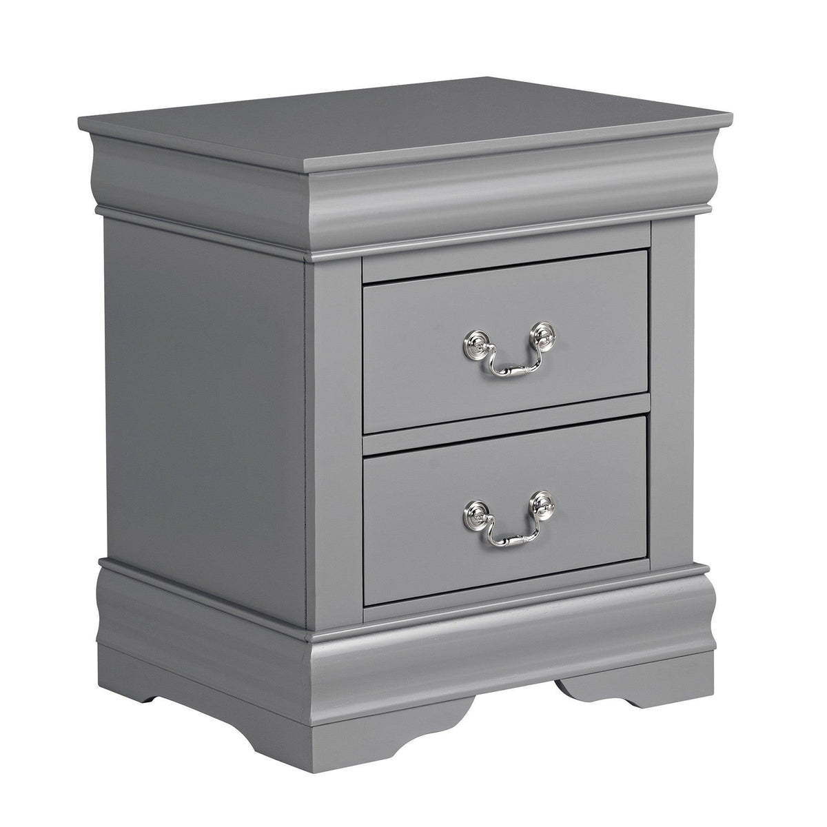 Gray night stand with two drawers and curved silver handles, recessed panels and base trim