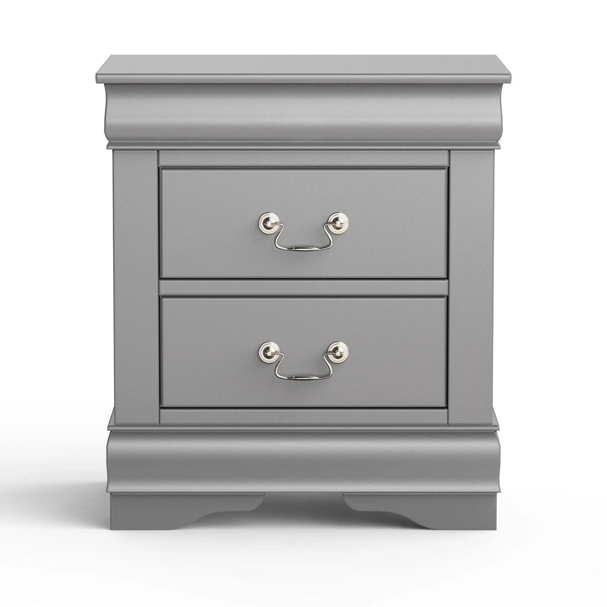 Gray night stand with two drawers, ornate metal drawer pulls, and decorative trim