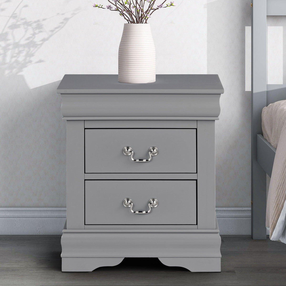 Gray night stand with two drawers and polished curved handles, scalloped trim design
